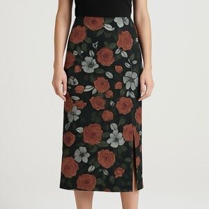 NYCC Floral Pencil Skirt XL Black Red Rose Print Stretch Midi Slit Retro Y2K